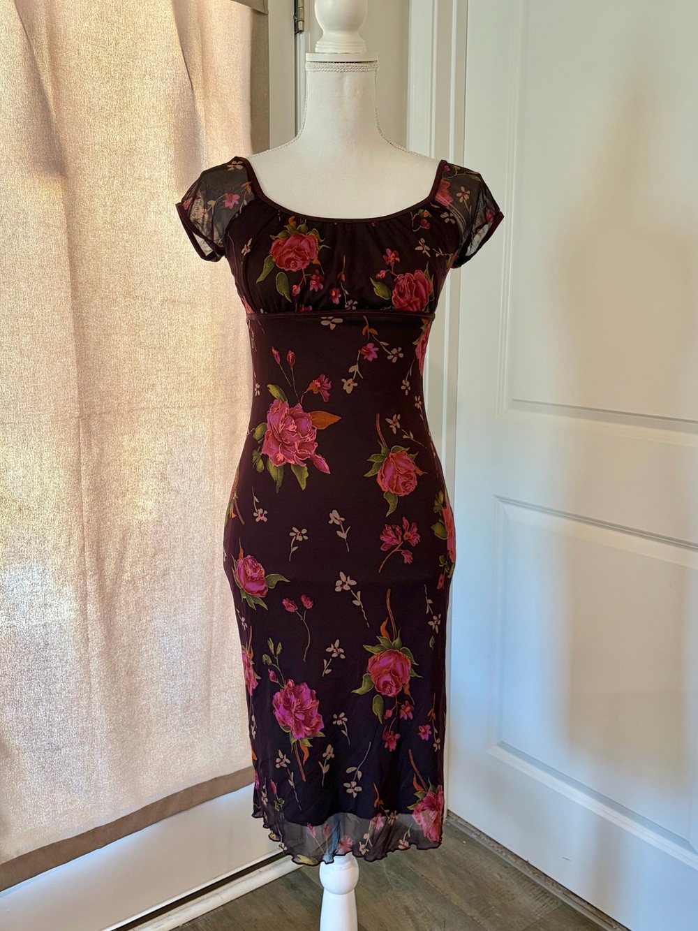 Vintage Burgundy and Pink Floral Midi Dress with Cap Sleeves Whimsigoth Romantic